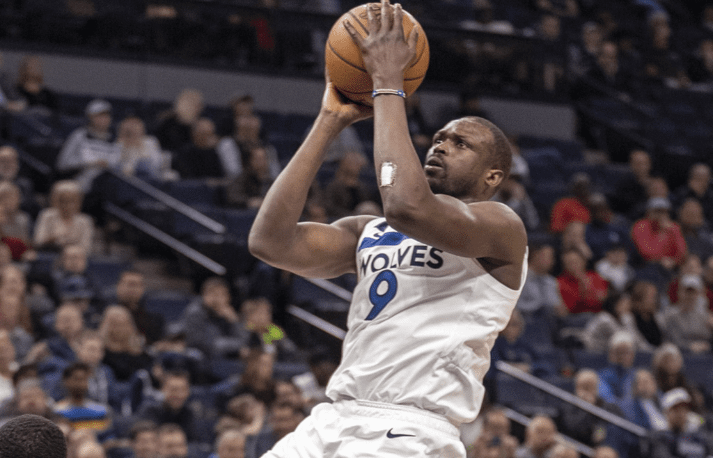 Feb 11, 2019; Minneapolis, MN, USA; Minnesota Timberwolves forward Luol Deng (9) shoots the ball in the second half against the Los Angeles Clippers at Target Center. Mandatory Credit: Jesse Johnson-Imagn Images