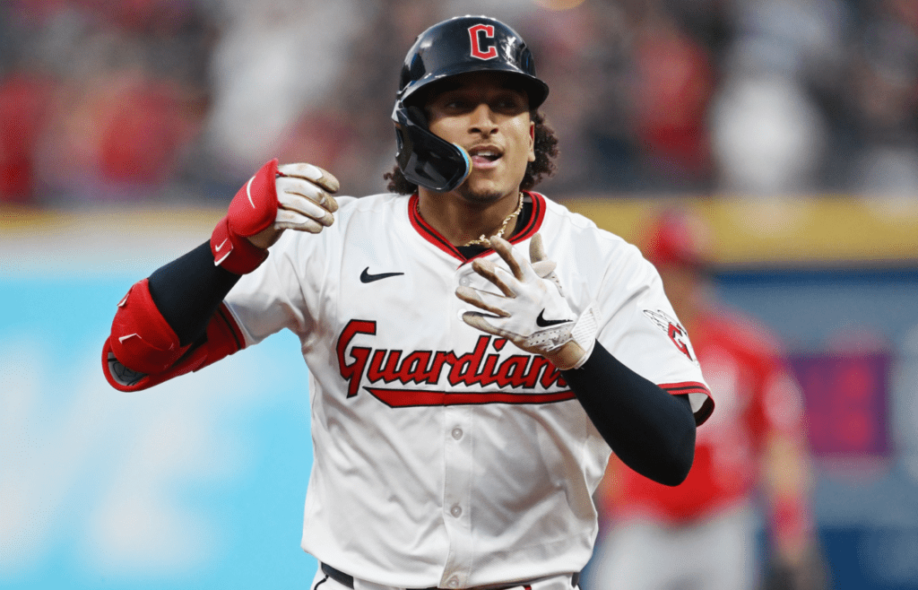 Jun 9, 2025; Cleveland, Ohio, USA; Cleveland Guardians catcher Bo Naylor (23) rounds the bases after hitting a home run during the seventh inning against the Cincinnati Reds at Progressive Field. Mandatory Credit: Ken Blaze-Imagn Images