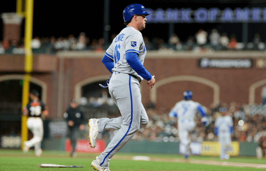 May 20, 2025; San Francisco, California, USA; Kansas City Royals right fielder Hunter Renfroe (16) scores on an RBI single hit by shortstop Bobby Witt Jr. (7) (not pictured) against the San Francisco Giants during the eighth inning at Oracle Park. Mandatory Credit: Robert Edwards-Imagn Images