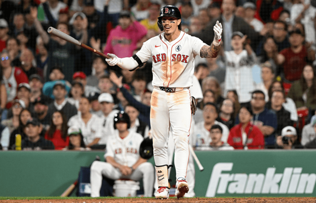 Jun 2, 2025; Boston, Massachusetts, USA; Boston Red Sox outfielder Jarren Duran (16) reacts after striking out against the Los Angeles Angels during the eighth inning at Fenway Park. Mandatory Credit: Brian Fluharty-Imagn Images