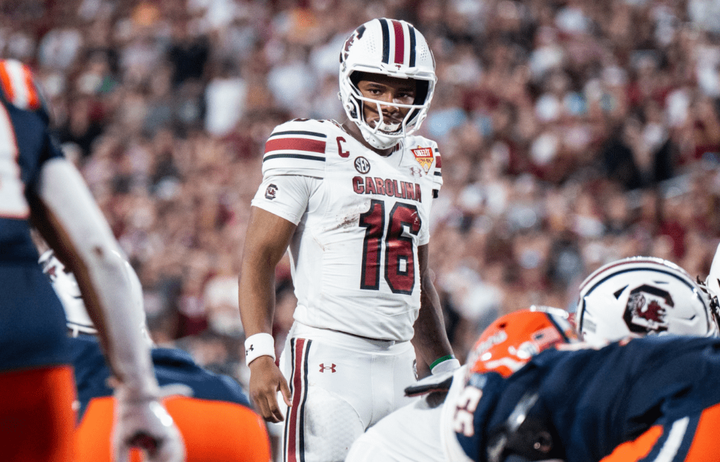 Dec 31, 2024; Orlando, FL, USA; South Carolina Gamecocks quarterback LaNorris Sellers (16) before the play call against the Illinois Fighting Illini in the fourth quarter at Camping World Stadium. Mandatory Credit: Jeremy Reper-Imagn Images