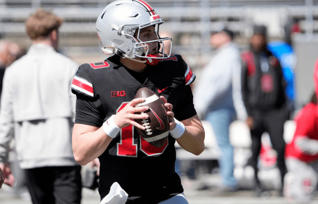Ohio State Buckeye quarterback Julian Sayin (10) warms up before the start of the spring game at Ohio Stadium on April 12, 2025