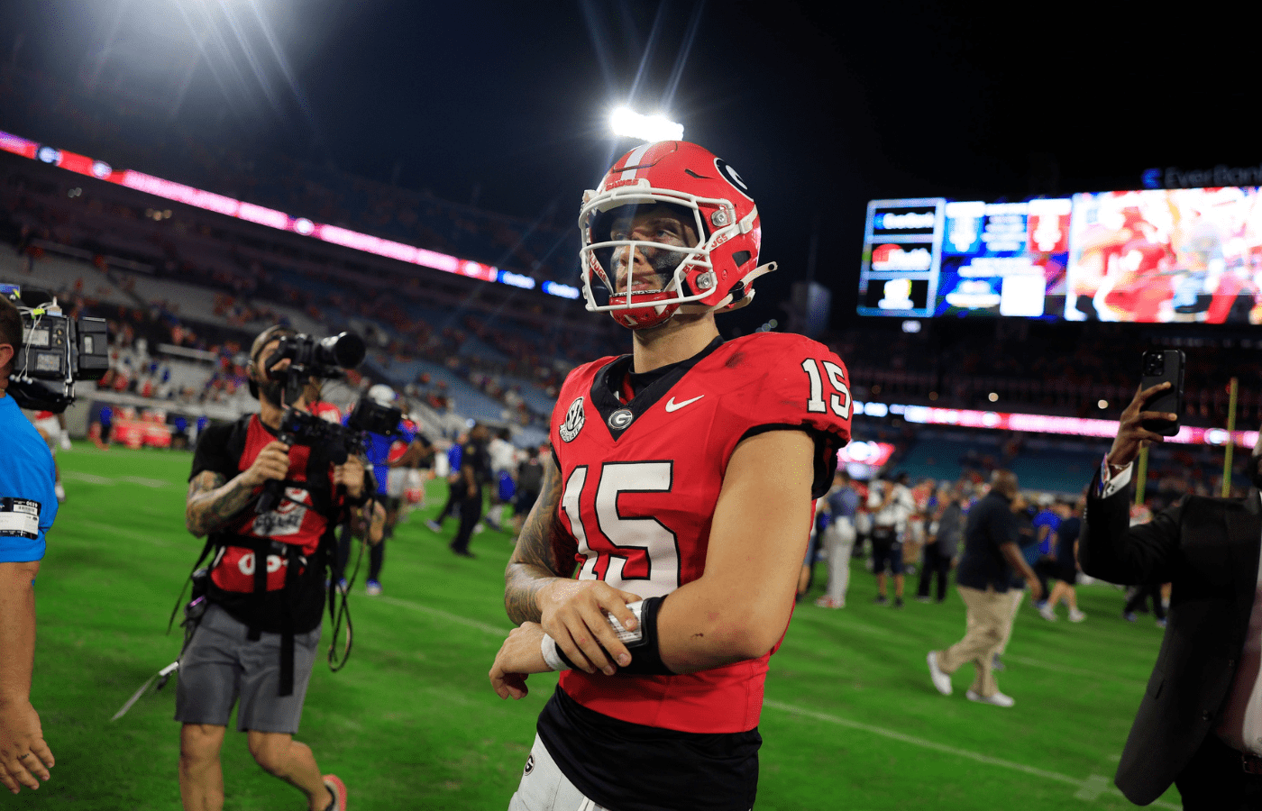 Georgia Bulldogs quarterback Carson Beck (15) walks off the field after the game of an NCAA college football matchup Saturday, Nov. 2, 2024 at EverBank Stadium in Jacksonville, Fla. The Georgia Bulldogs defeated the Florida Gators 34-20.