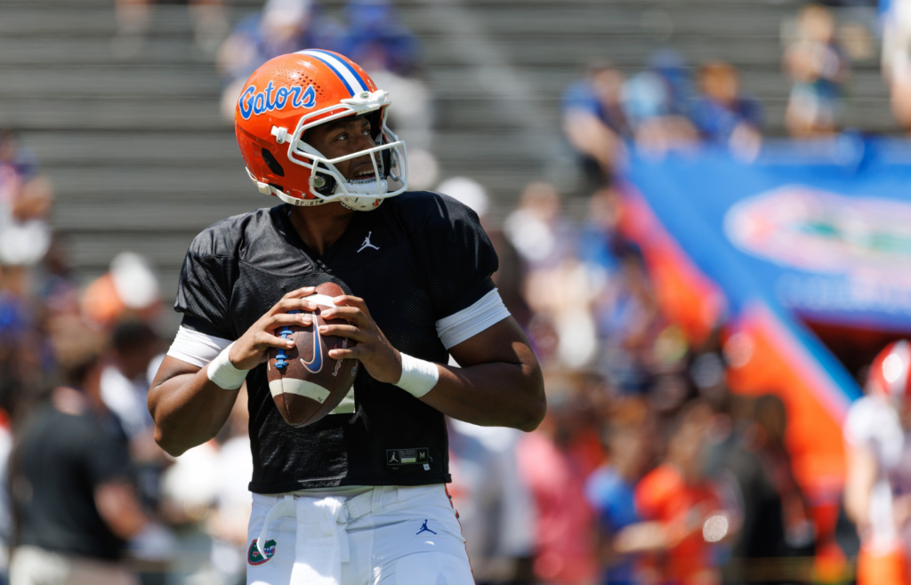 Apr 12, 2025; Gainesville, FL, USA; Florida Gators quarterback DJ Lagway (2) looks to throw before the game at Ben Hill Griffin Stadium. Mandatory Credit: Matt Pendleton-Imagn Images