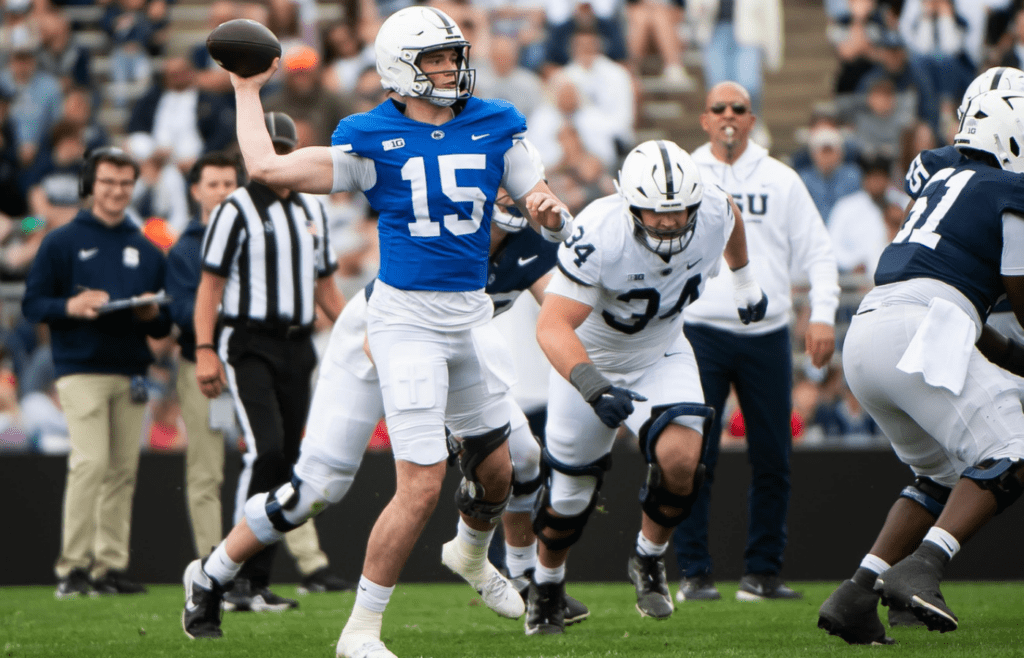 Penn State quarterback Drew Allar (15) throws the ball during the Blue-White game at Beaver Stadium on Saturday, April 26, 2025, in State College. The White team defeated the Blue team, 10-8.