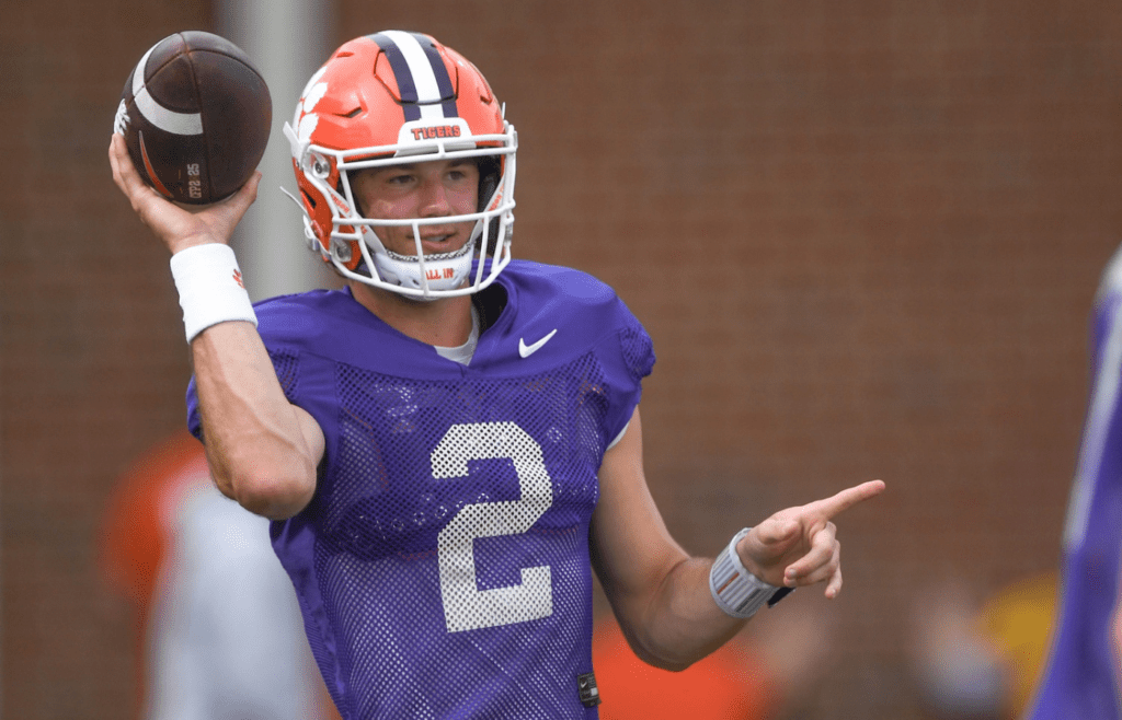 Clemson quarterback Cade Klubnik (2) passes during Spring Practice in Clemson, S.C. Monday, March 24, 2025