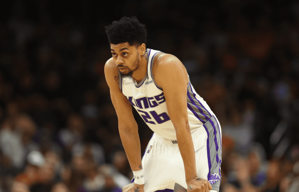 Apr 10, 2022; Phoenix, Arizona, USA; Sacramento Kings guard Jeremy Lamb (26) against the Phoenix Suns at Footprint Center. Mandatory Credit: Mark J. Rebilas-Imagn Images