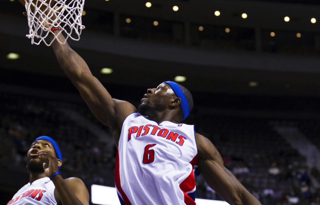 April 26, 2012; Auburn Hills, MI, USA; Detroit Pistons center Ben Wallace (6) grabs a rebound in the first quarter against the Philadelphia 76ers at The Palace. Mandatory Credit: Rick Osentoski-Imagn Images