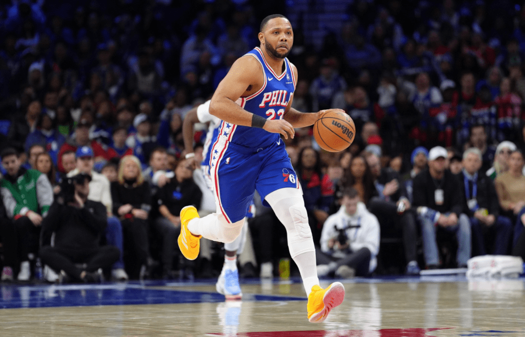 Feb 5, 2025; Philadelphia, Pennsylvania, USA; Philadelphia 76ers guard Eric Gordon (23) controls the ball against the Miami Heat in the fourth quarter at Wells Fargo Center. Mandatory Credit: Kyle Ross-Imagn Images