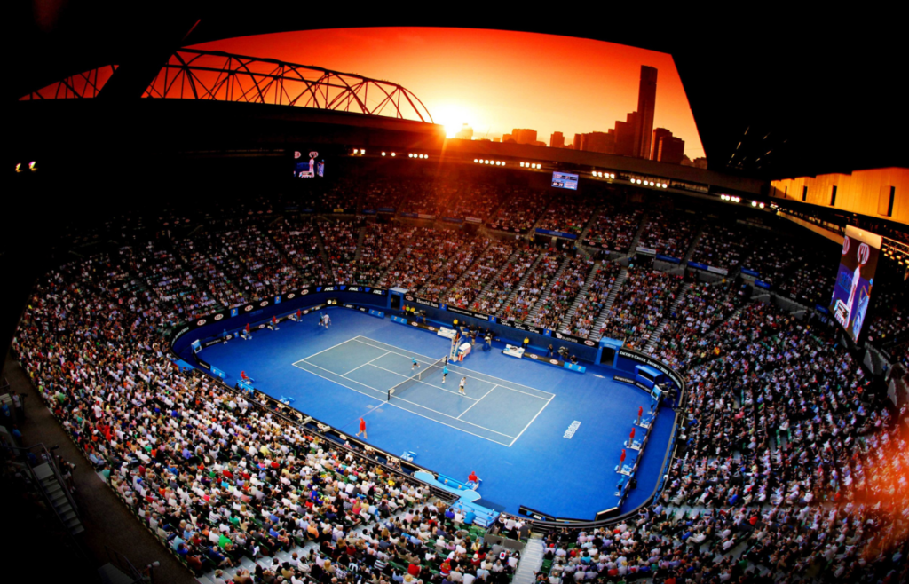 Jan 25, 2012; Melbourne, AUSTRALIA; A general view of Rod Laver Arena during the match between Novak Djokovic (SRB) and David Ferrer (ESP) on day ten of the 2012 Australian Open at Melbourne Park. Mandatory Credit: Matthias Hauer/GEPA via Imagn Images
