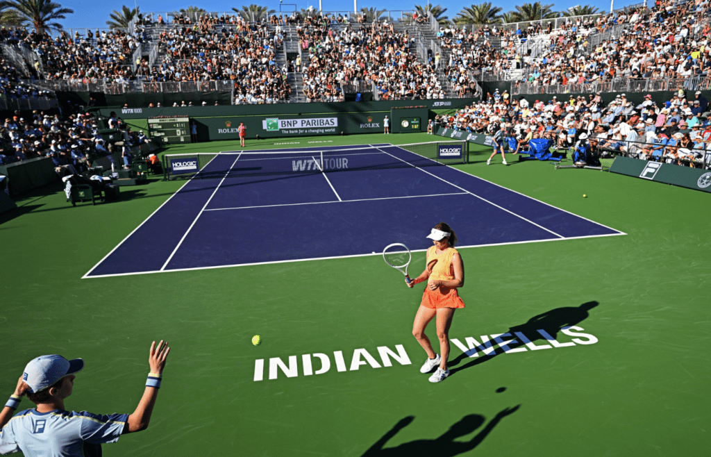 Mar 9, 2025; Indian Wells, CA, USA; View of court 3 during the third round match between Danielle Collins (USA) and Elina Svitolina (UKR) in the BNP Paribas Open at the Indian Well Tennis Garden. Mandatory Credit: Jayne Kamin-Oncea-Imagn Images