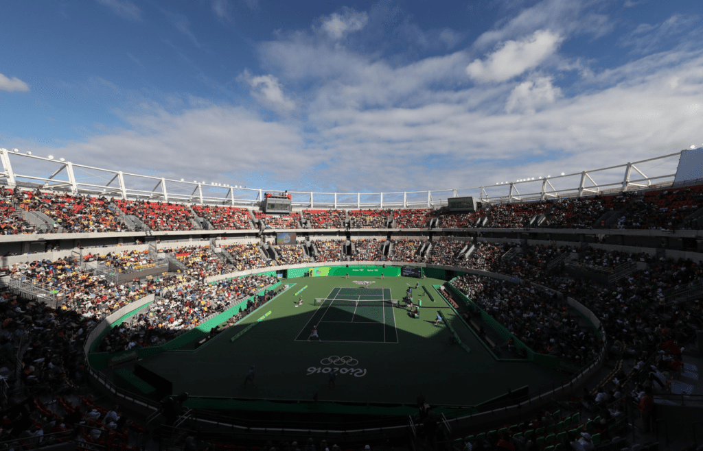 Aug 11, 2016; Rio de Janeiro, Brazil; A general view of the stadium court as Andy Murray plays against Fabio Fognini in the tennis singles competition in the Rio 2016 Summer Olympic Games at Olympic Tennis Centre. Mandatory Credit: Geoff Burke-Imagn Images