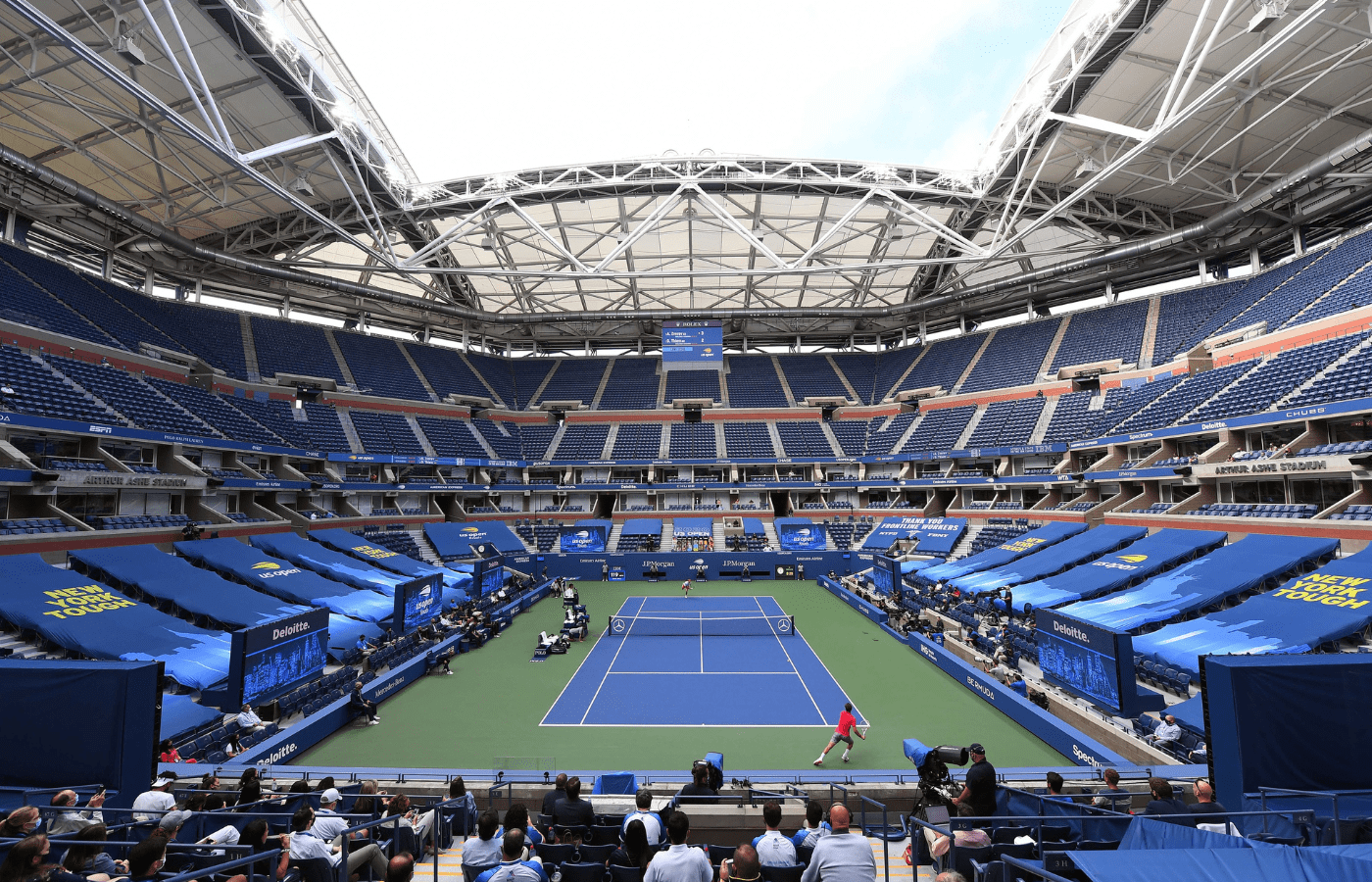 Sep 13, 2020; Flushing Meadows, New York, USA; General view of Arthur Ashe Stadium during the Dominic Thiem of Austria match against Alexander Zverev of Germany in the men's singles final match on day 14 of the 2020 U.S. Open tennis tournament at USTA Billie Jean King National Tennis Center. Mandatory Credit: Robert Deutsch-Imagn Images