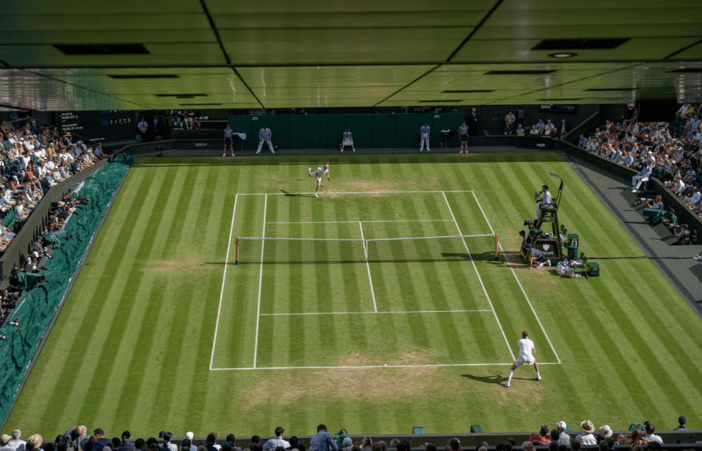Jul 9, 2023; London, United Kingdom; General view of Centre Court during the Andrey Rublev and Alexander Bublik (KAZ) match on day seven at the All England Lawn Tennis and Croquet Club. Mandatory Credit: Susan Mullane-Imagn Images
