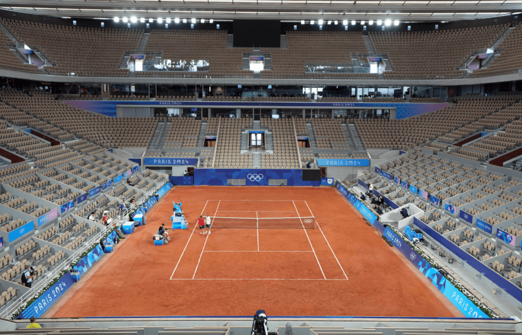 Jul 23, 2024, Paris, France; A general overall view of Court Philippe Chatrier stadium at Stade Roland Garros, the tennis venue for the 2024 Paris Olympics. Mandatory Credit: Kirby Lee-Imagn Images