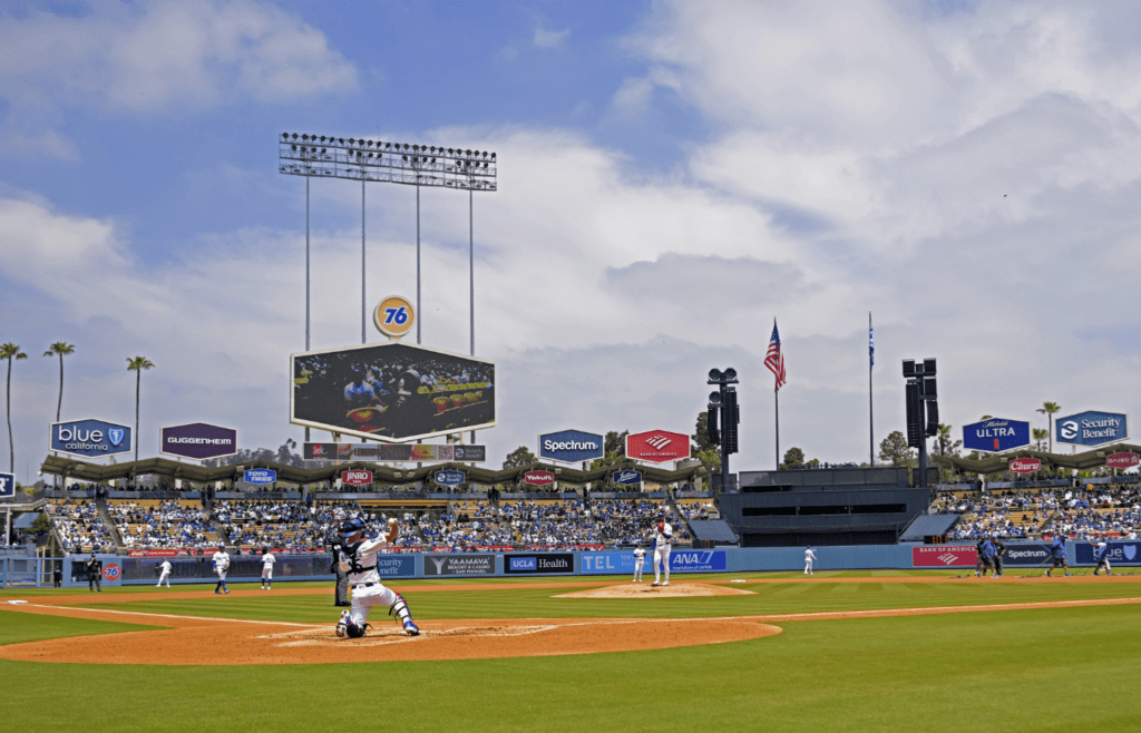 Apr 30, 2025; Los Angeles, California, USA; General view of the field during the game between the Los Angeles Dodgers and the Miami Marlins at Dodger Stadium. Mandatory Credit: Jayne Kamin-Oncea-Imagn Images
