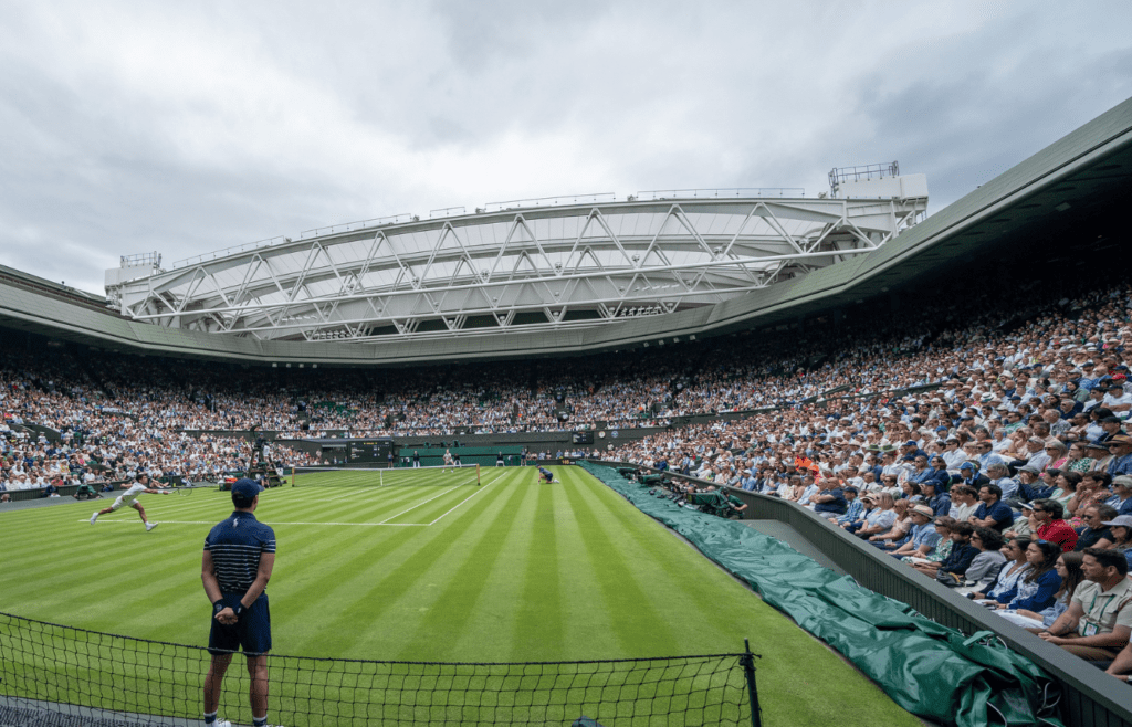 Jul 1, 2024; London, United Kingdom; General view of Centre Court during the Carlos Alcaraz of Spain (not shown) and Mark Lajal of Estonia (not shown) on day one of The Championships at All England Lawn Tennis and Croquet Club. Mandatory Credit: Susan Mullane-Imagn Images