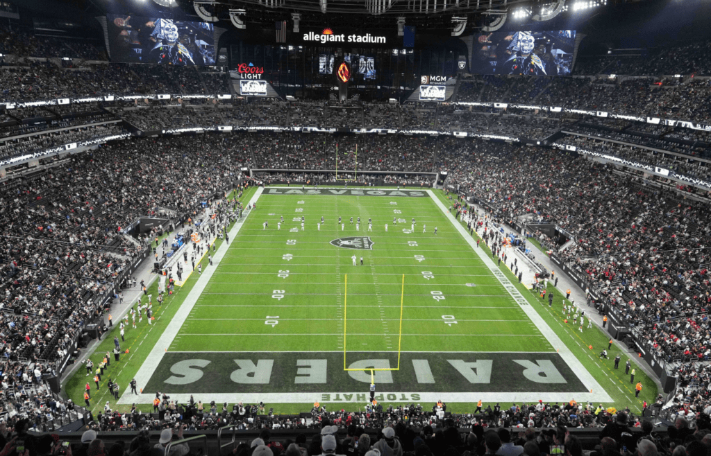 Dec 16, 2024; Paradise, Nevada, USA; A general overall view of Allegiant Stadium during the opening kickoff of the game between the Atlanta Falcons and the Las Vegas Raiders. Mandatory Credit: Kirby Lee-Imagn Images