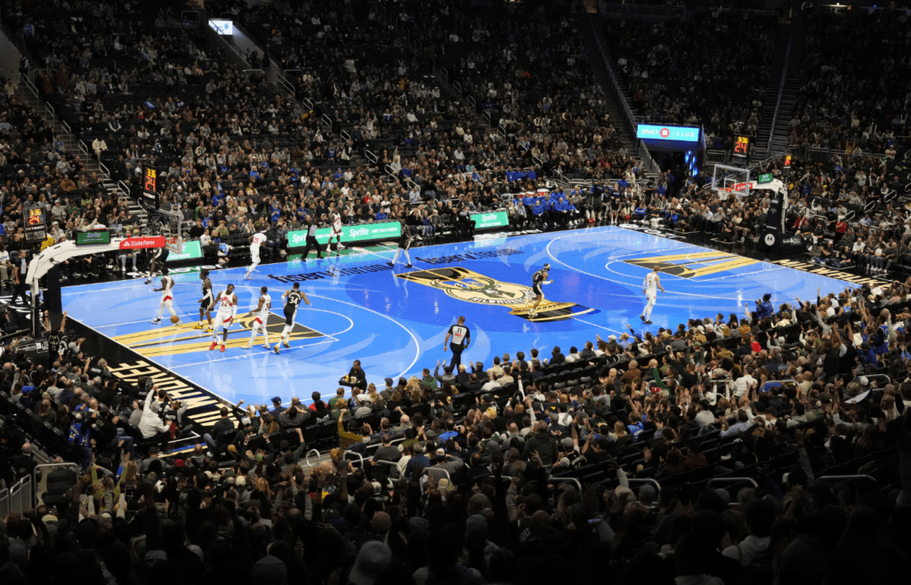 Nov 12, 2024; Milwaukee, Wisconsin, USA; General view of the court during the first quarter of the game between the Toronto Raptors and Milwaukee Bucks at Fiserv Forum. Mandatory Credit: Jeff Hanisch-Imagn Images
