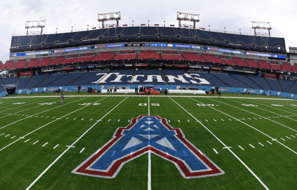 Oct 29, 2023; Nashville, Tennessee, USA; View of Nissan Stadium with throwback Houston Oilers field paint before the game against the Atlanta Falcons. Mandatory Credit: Christopher Hanewinckel-Imagn Images
