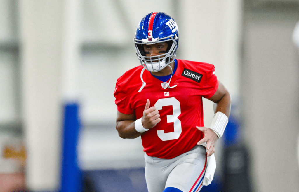 Jun 18, 2025; East Rutherford, NJ, USA; New York Giants quarterback Russell Wilson (3) warms up during minicamp at Quest Diagnostics Training Center. Mandatory Credit: John Jones-Imagn Images