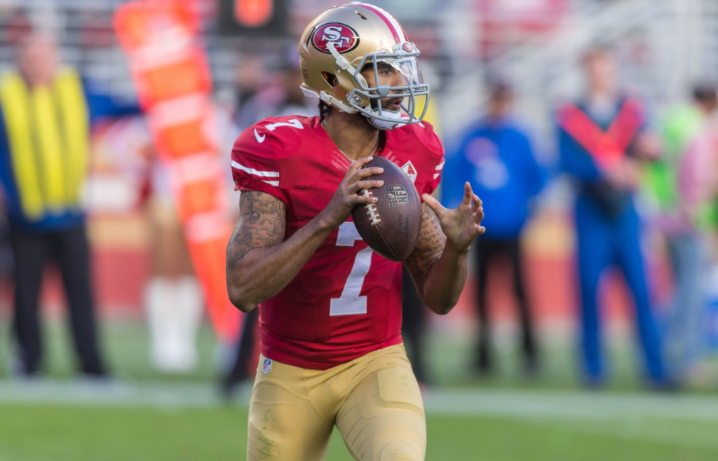 Jan 1, 2017; Santa Clara, CA, USA; San Francisco 49ers quarterback Colin Kaepernick (7) looks down field during the second quarter against the Seattle Seahawks at Levis Stadium. Mandatory Credit: Neville E. Guard-Imagn Images