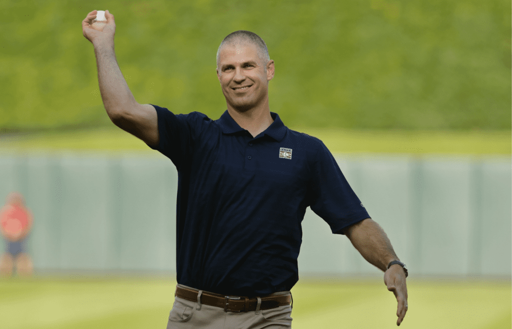 Aug 3, 2024; Minneapolis, Minnesota, USA; Minnesota Twins former player Joe Mauer throws a ceremonial pitch as the team honors his recent induction into the Baseball Hall of Fame before a game against the Chicago White Sox at Target Field. Mandatory Credit: Bruce Kluckhohn-Imagn Images