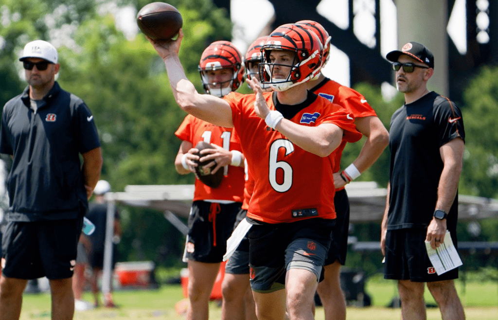 Cincinnati Bengals quarterback Jake Browning (6) throws a pass during a scrimmage, Wednesday, June 11, 2025, at Kettering Health Practice Fields in Downtown Cincinnati.