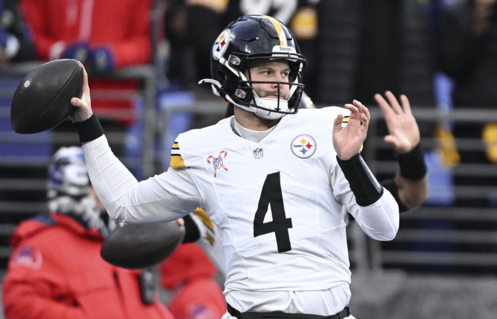 Dec 21, 2024; Baltimore, Maryland, USA; Pittsburgh Steelers quarterback Kyle Allen (4) throws the field before the game against the Baltimore Ravens at M&T Bank Stadium. Mandatory Credit: Tommy Gilligan-Imagn Images
