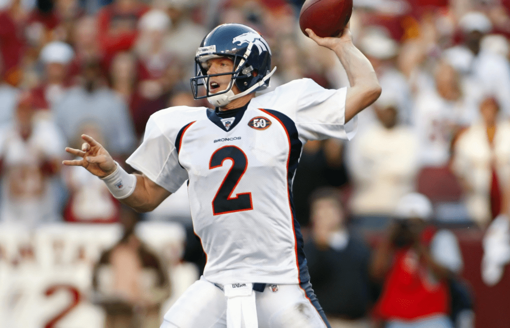 November 15, 2009; Landover, MD, USA; Denver Broncos quarterback Chris Simms (2) against the Washington Redskins in the fourth quarter at FedEx Field in Landover, Maryland. The Redskins won 27-17. Mandatory Credit: Geoff Burke-Imagn Images