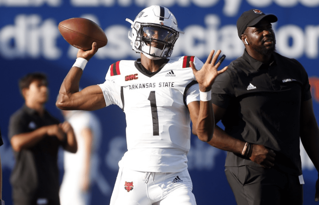Sep 17, 2022; Memphis, Tennessee, USA; Arkansas State Red Wolves quarterback James Blackman (1) warms up prior to the game against the Memphis Tigers at Liberty Bowl Memorial Stadium. Mandatory Credit: Petre Thomas-Imagn Images