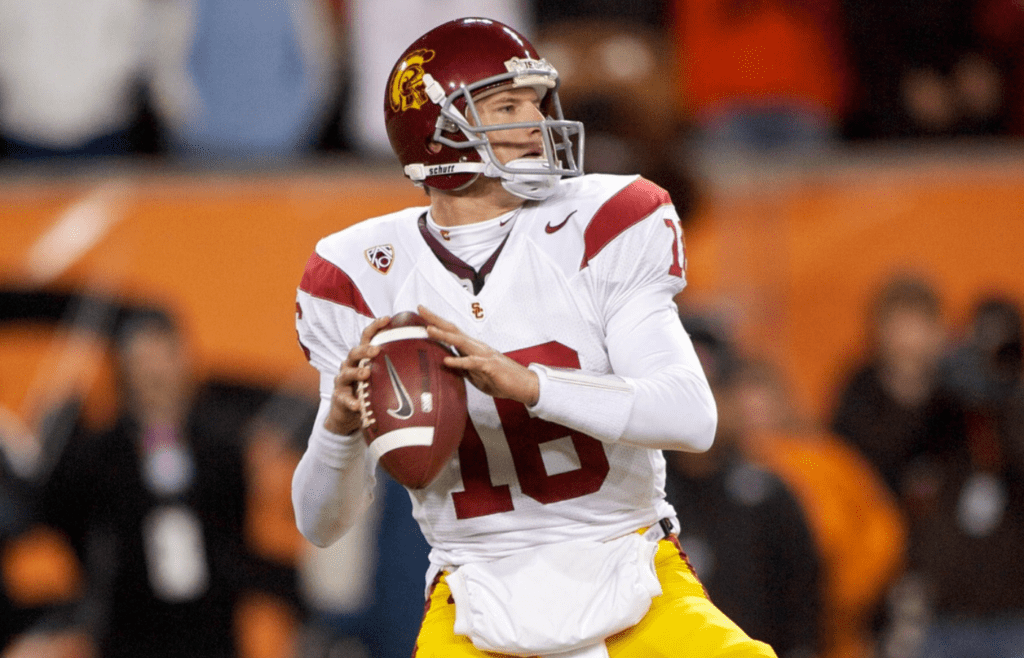 Nov 20, 2010; Corvallis, OR, USA; Southern California Trojans quarterback Mitch Mustain (16) looks to pass against the Oregon State Beavers at Reser Stadium. Mandatory Credit: Craig Mitchelldyer-Imagn Images