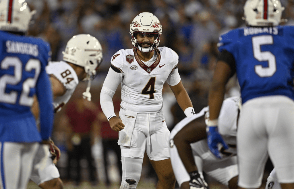 Sep 28, 2024; Dallas, Texas, USA; Florida State Seminoles quarterback DJ Uiagalelei (4) in action during the game between the Southern Methodist Mustangs and the Florida State Seminoles at Gerald J. Ford Stadium. Mandatory Credit: Jerome Miron-Imagn Images