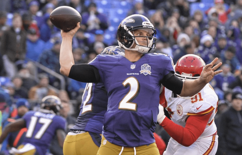 Dec 20, 2015; Baltimore, MD, USA; Baltimore Ravens quarterback Jimmy Clausen (2) throws during the third quarter against the Baltimore Ravens at M&T Bank Stadium. Kansas City Chiefs defeated Baltimore Ravens 34-14. Mandatory Credit: Tommy Gilligan-Imagn Images
