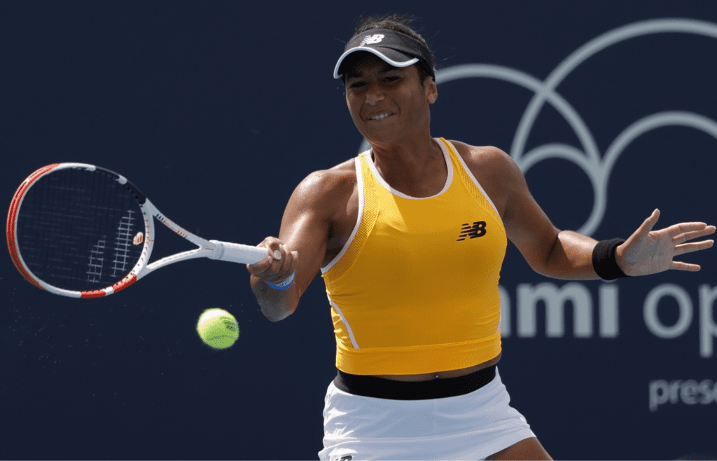 Mar 22, 2022; Miami Gardens, FL, USA; Heather Watson of Great Britain hits a forehand against Arantxa Rus of Netherlands (not pictured) in a first round women's singles match in the Miami Open at Hard Rock Stadium. Mandatory Credit: Geoff Burke-Imagn Images