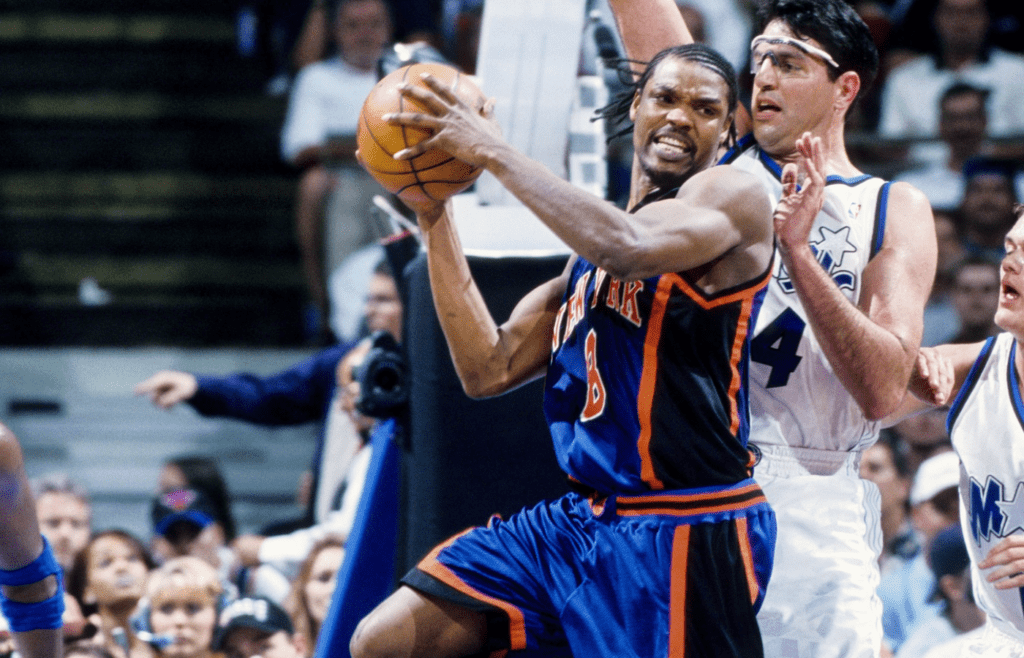 Feb 5, 1999; Orlando, FL; USA; FILE PHOTO; New York Knicks forward Latrell Sprewell (8) in action against Orlando Magic center Danny Schayes (24) at the Orlando Arena. Mandatory Credit: RVR Photos-Imagn Images