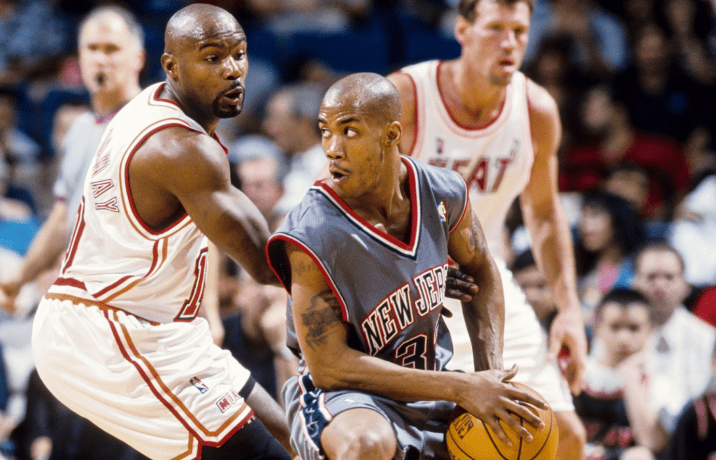 Mar 14, 1999; Miami, FL; USA; FILE PHOTO; New Jersey Nets guard Stephon Marbury (33) in action against Miami Heat guard Tim Hardaway (10) at the Miami Arena. Mandatory Credit: RVR Photos-Imagn Images