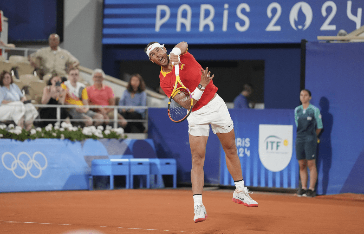 Jul 31, 2024; Paris, France; Rafael Nadal (Spain) during the Paris 2024 Olympic Summer Games at Stade Roland Garros. Mandatory Credit: Kirby Lee-Imagn Images