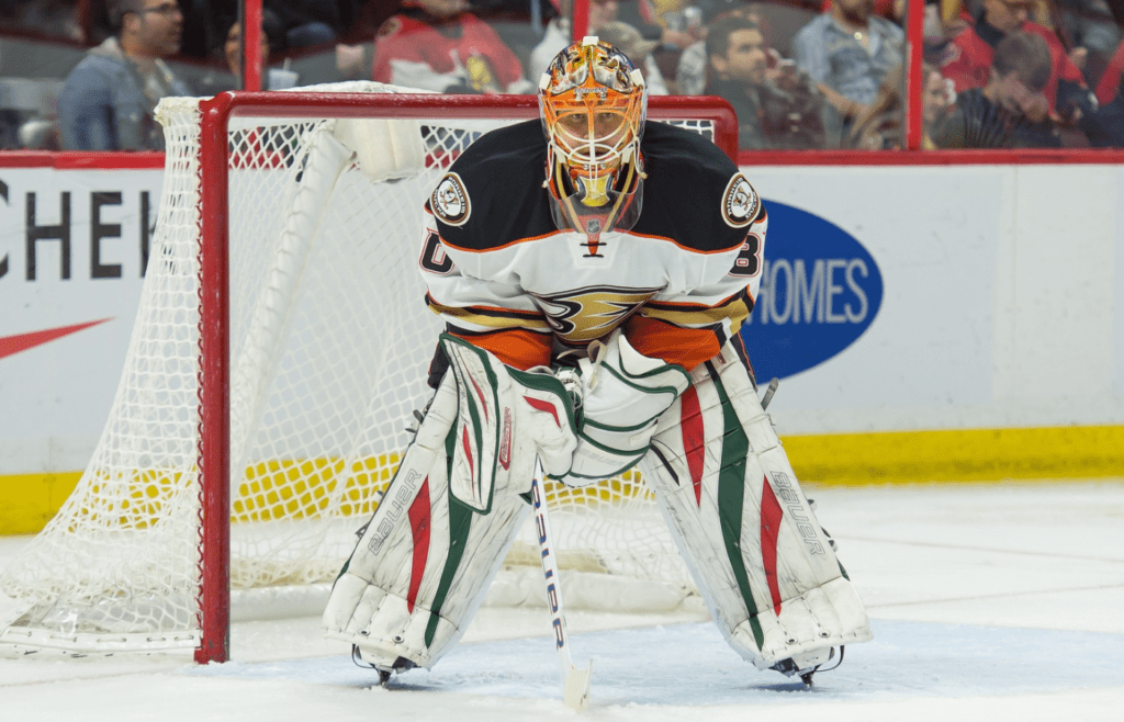 Dec 19, 2014; Ottawa, Ontario, CAN; Anaheim Ducks goalie Ilya Bryzgalov (80) looks on during the second period against the Ottawa Senators at the Canadian Tire Centre. Mandatory Credit: Marc DesRosiers-Imagn Images