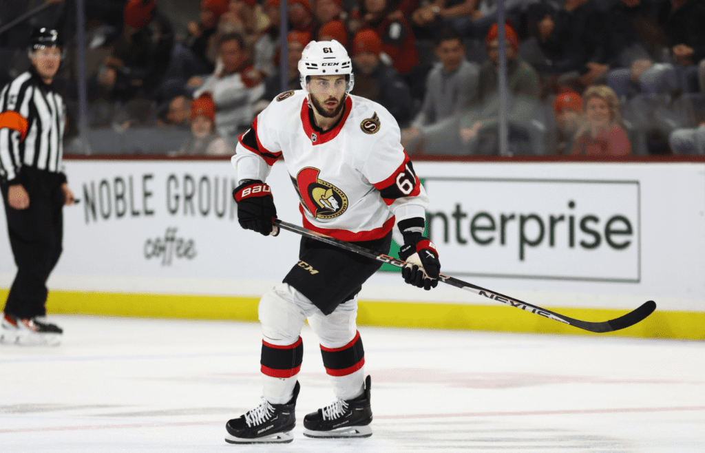 Jan 12, 2023; Tempe, Arizona, USA; Ottawa Senators center Derick Brassard (61) against the Arizona Coyotes at Mullett Arena. Mandatory Credit: Mark J. Rebilas-USA TODAY Sports