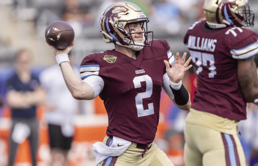 May 1, 2022; Birmingham, AL, USA; Michigan Panthers quarterback Shea Patterson (2) throws against the Pittsburgh Maulers during the first half at Protective Stadium. Mandatory Credit: Vasha Hunt-Imagn Images