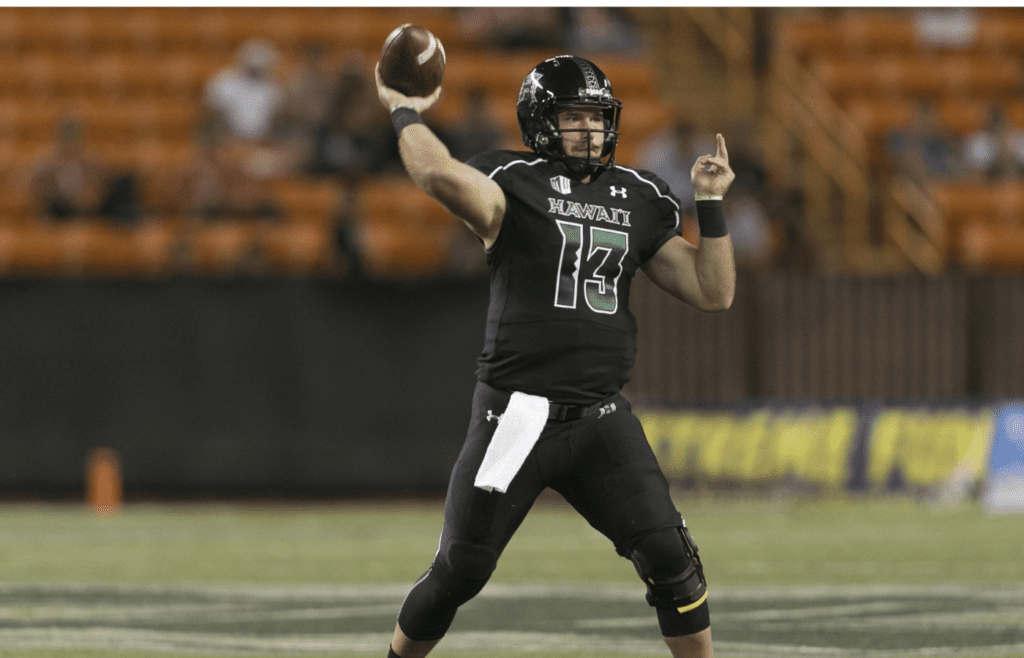 Nov 14, 2015; Honolulu, HI, USA; Hawaii quarterback Max Wittek (13) throws a pass against Fresno St. during the third quarter of the NCAA college football game at Aloha Stadium. Mandatory Credit: Marco Garcia-Imagn Images