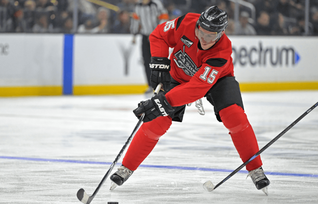 Feb 23, 2025; Los Angeles, CA, USA; Former NHL player Dany Heatley (15) controls the puck during the Los Angeles Kings Celebrity Charity Game for LA Wildfire Relief at Crypto.com Arena. teams. Mandatory Credit: Jayne Kamin-Oncea-Imagn Images