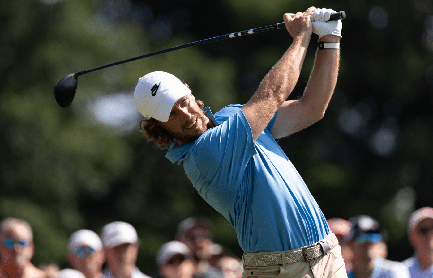 Jun 19, 2025; Cromwell, Connecticut, USA; Tommy Fleetwood plays his shot from the first tee during the first round of the Travelers Championship golf tournament. Mandatory Credit: Bill Streicher-Imagn Images