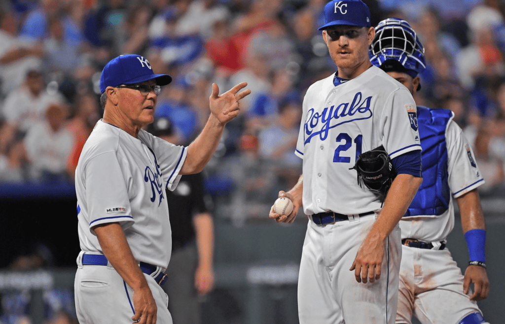 Sep 14, 2019; Kansas City, MO, USA; Kansas City Royals manager Ned Yost (3) takes Kansas City Royals starting pitcher Mike Montgomery (21) out of the game during the sixth inning against the Houston Astros at Kauffman Stadium. Mandatory Credit: Peter G. Aiken-Imagn Images