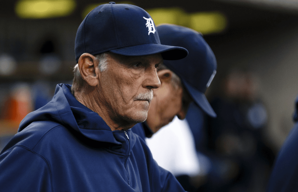 Sep 16, 2013; Detroit, MI, USA; Detroit Tigers manager Jim Leyland (10) watches from the dugout in the first inning against the Seattle Mariners at Comerica Park. Mandatory Credit: Rick Osentoski-Imagn Images