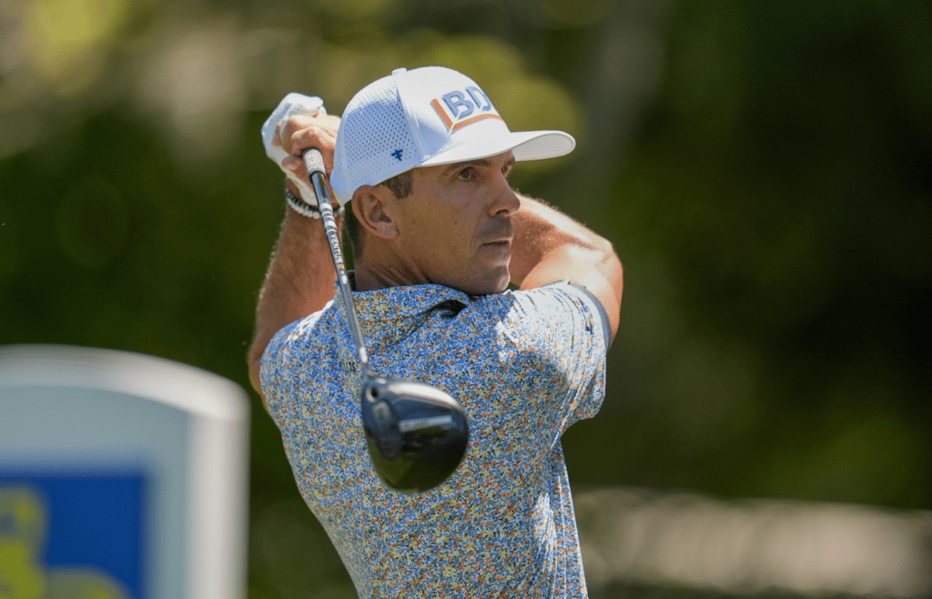 Apr 19, 2025; Hilton Head, South Carolina, USA; Billy Horschel tees off on three during the third round of the RBC Heritage golf tournament. Mandatory Credit: Jim Dedmon-Imagn Images