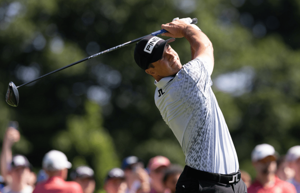 Jun 19, 2025; Cromwell, Connecticut, USA; Viktor Hovland plays his shot from the first tee during the first round of the Travelers Championship golf tournament. Mandatory Credit: Bill Streicher-Imagn Images
