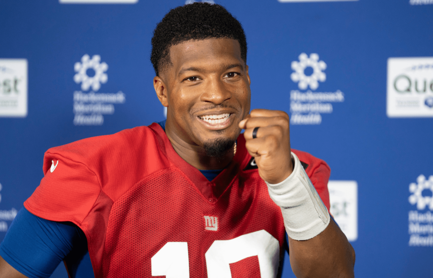 New York Giants quarterback Jameis Winston (19) speaks with members of the media during Mandatory Minicamp at Quest Diagnostics Giants Training Center in East Rutherford on Tuesday, June 17, 2025