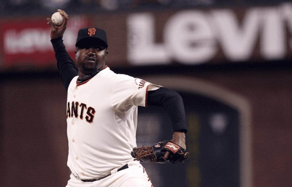 September 22, 2012; San Francisco, CA, USA; San Francisco Giants relief pitcher Guillermo Mota (59) pitches the ball against the San Diego Padres during the sixth inning at AT&T Park. Mandatory Credit: Kelley L Cox-Imagn Images